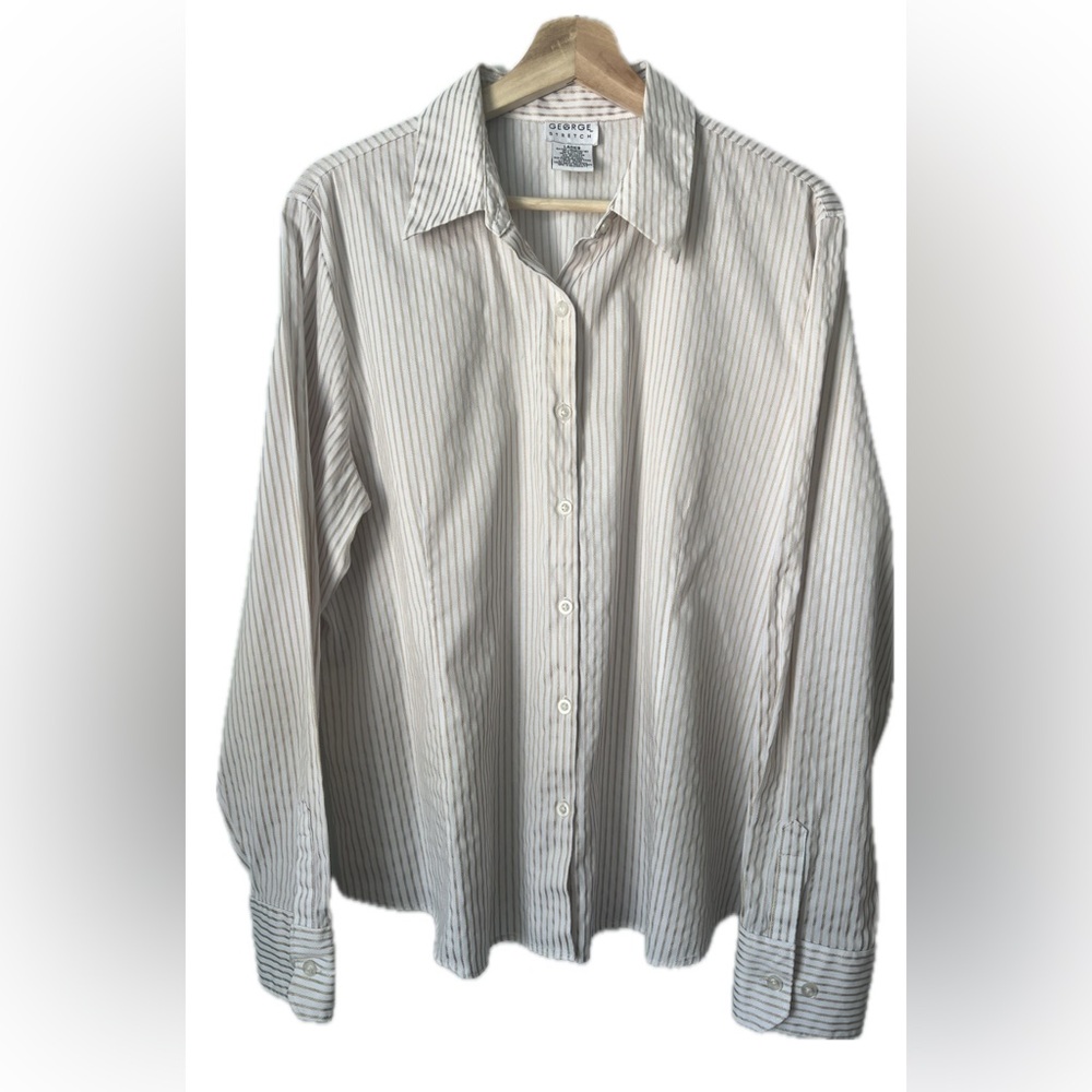 George Stretch Women’s Cream And Gold Striped Button Down Shirt Top Size XL